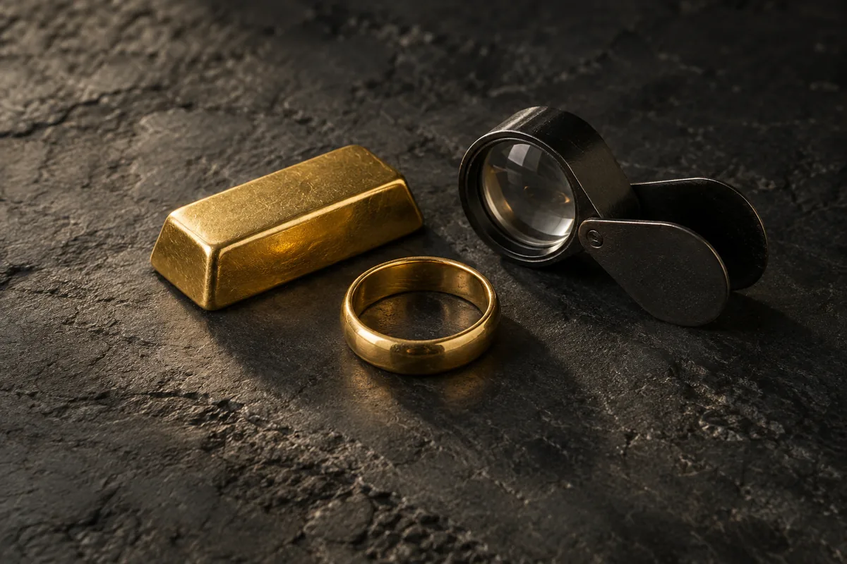 小さな金の延べ棒と金の指輪にルーペ