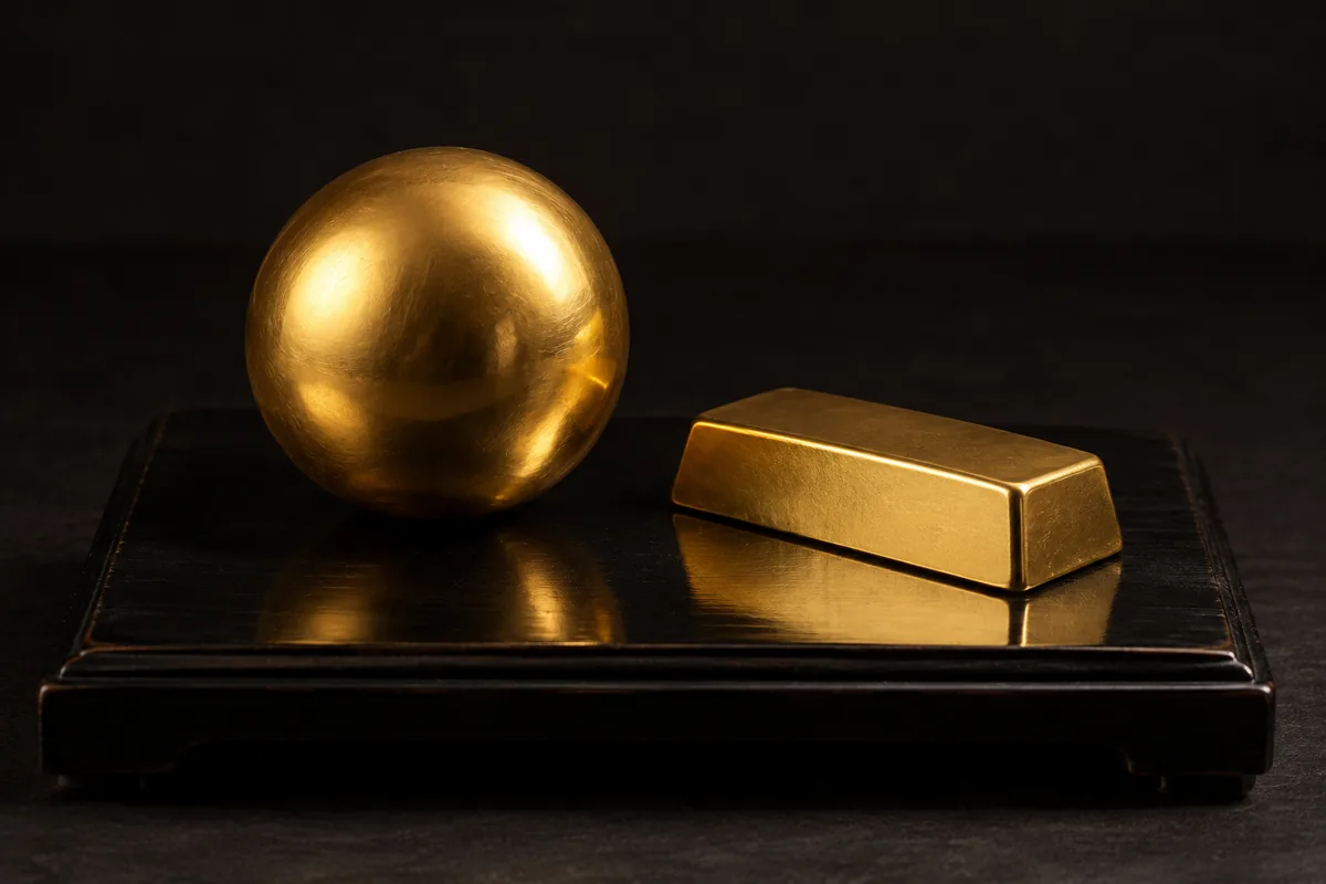 黒い漆の台の上に、なめらかな金の球体の置物と小さな金の延べ棒