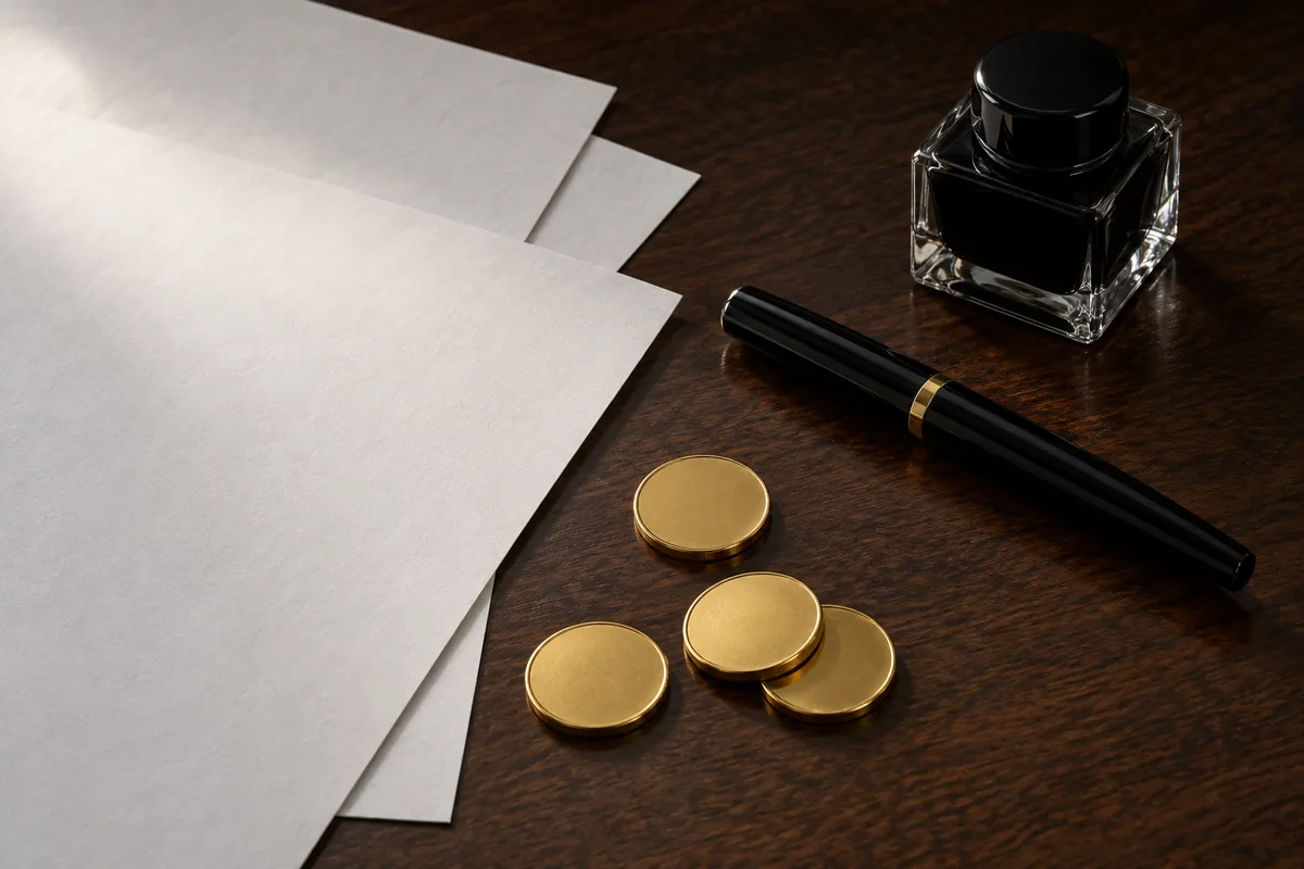 金貨数枚と書類・万年筆・インク壺が机に整えて置かれている