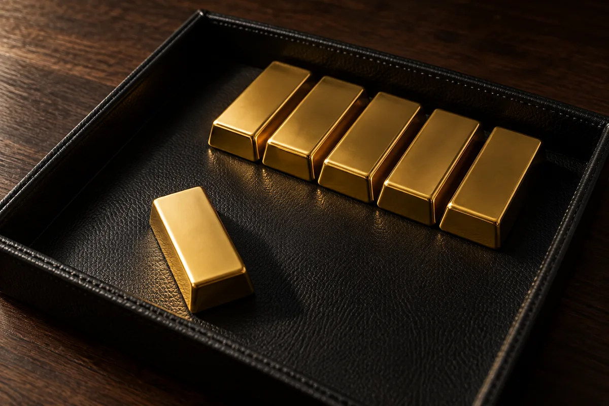 黒い革のトレーに並ぶ小さな金の延べ棒