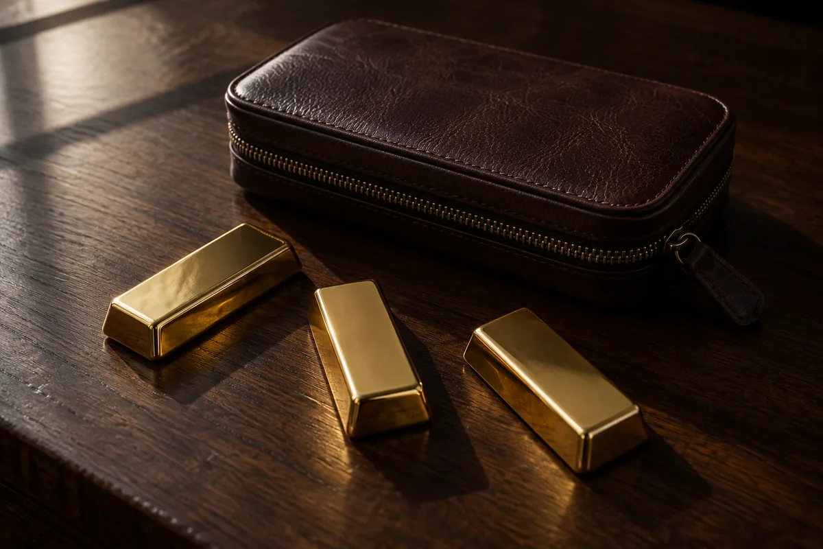 小さな金の延べ棒数本と、革のトラベルケース