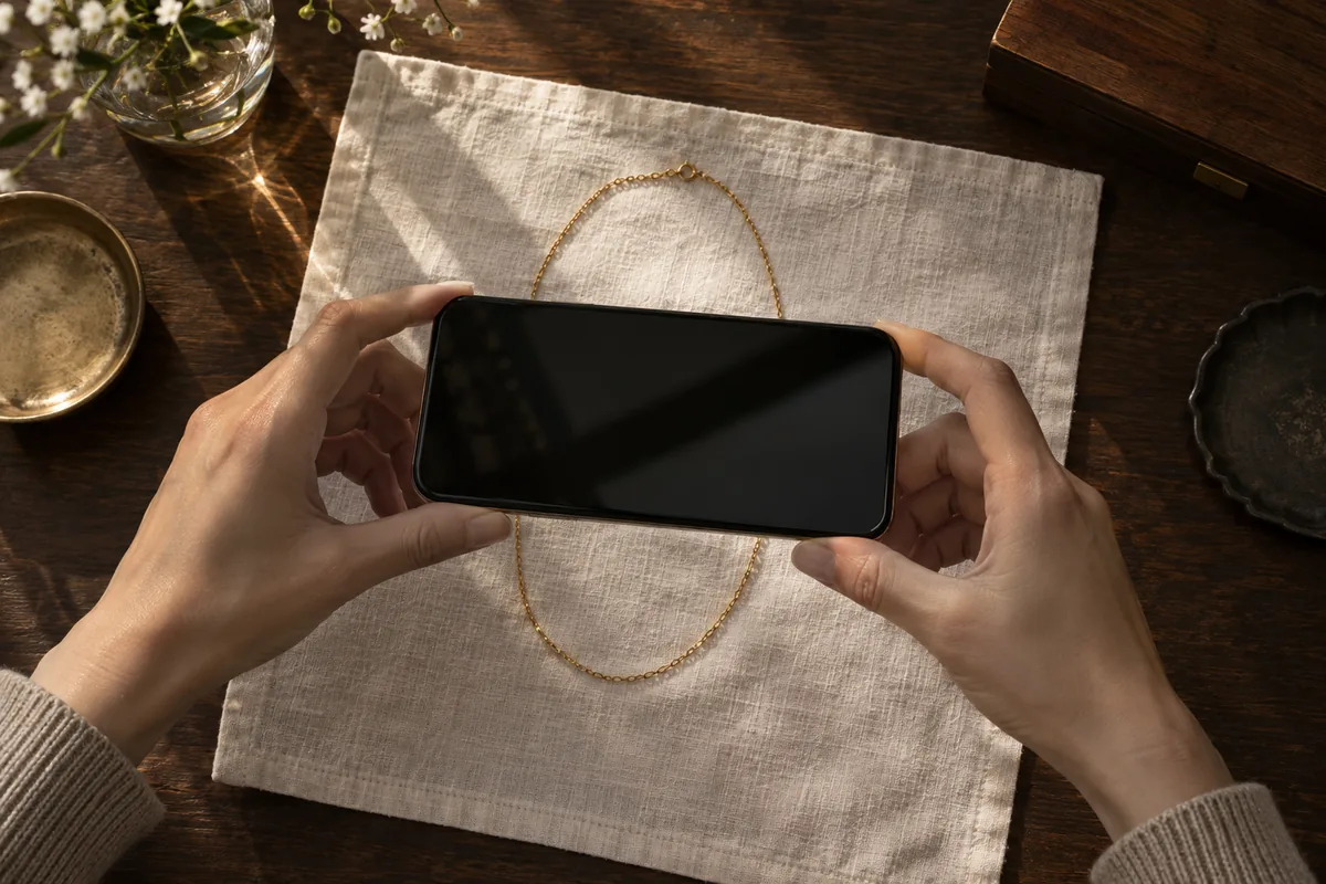 スマートフォンで、白い布の上の金のネックレスを真上から撮る手元