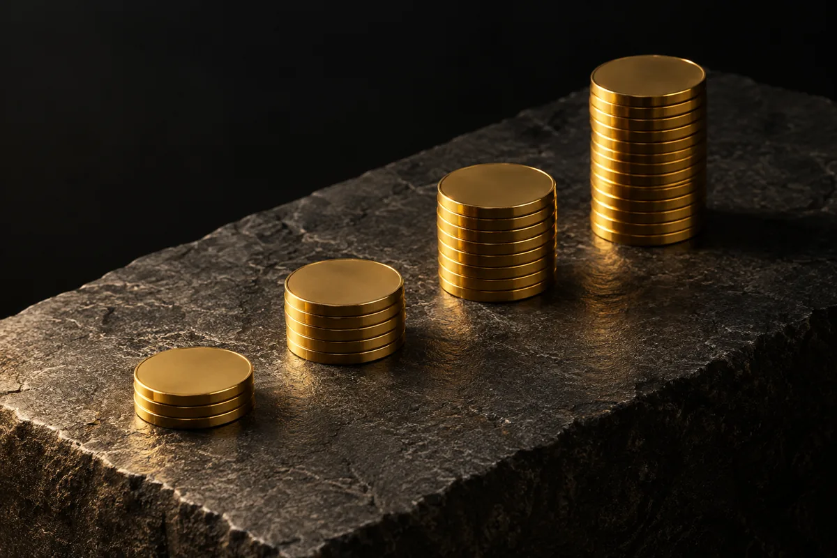 金貨が低い段から高い段へ積み上がる構図