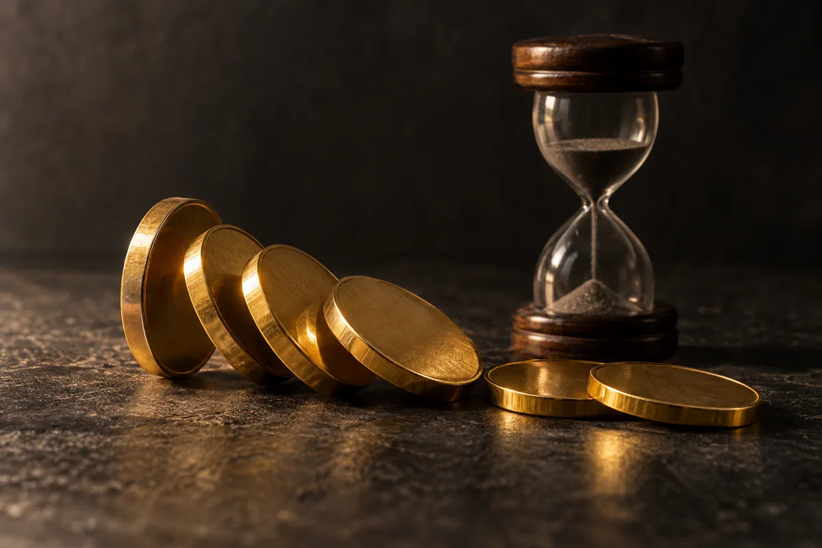 金貨が崩れかけた列と砂時計
