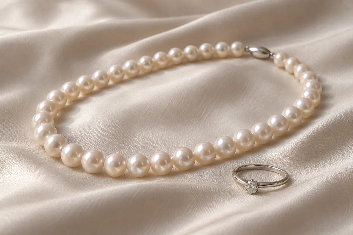 パールのネックレスと小さなダイヤの付いたプラチナの指輪が、淡いベージュの絹布の上