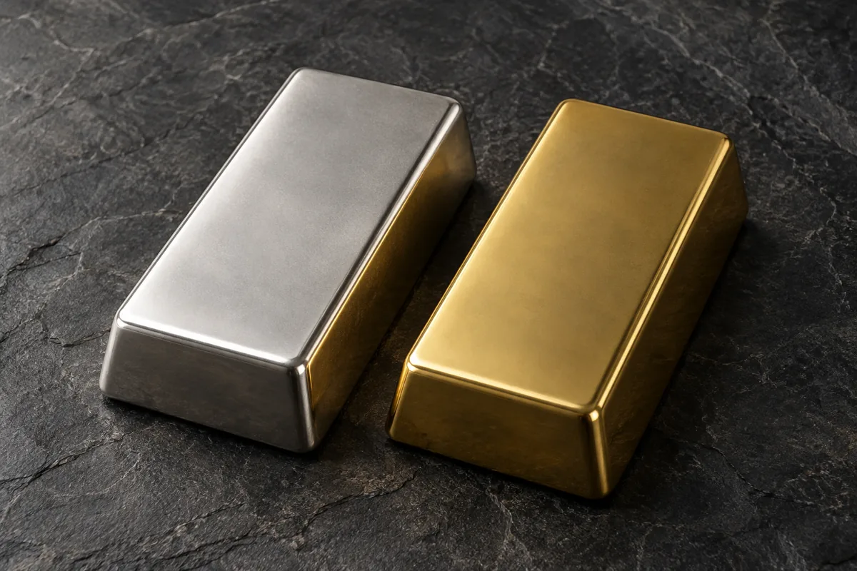 白い金属の延べ棒と金の延べ棒が並ぶ
