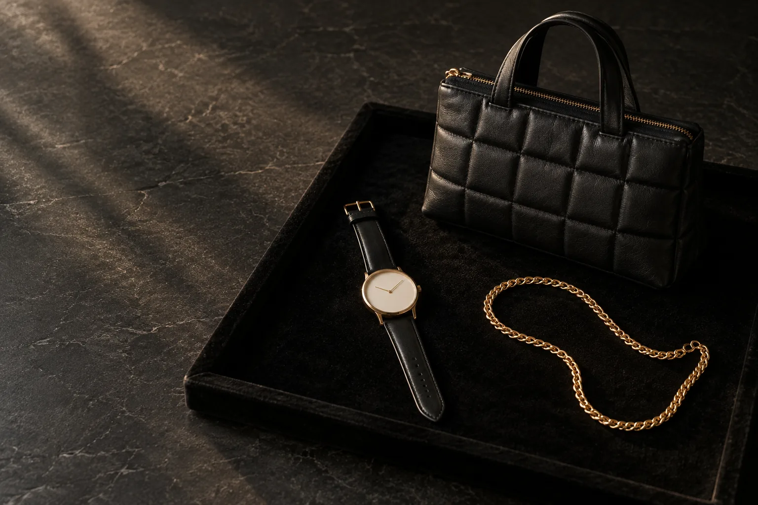 黒いベルベットのトレーに、黒いキルティングバッグ・腕時計・金のネックレス