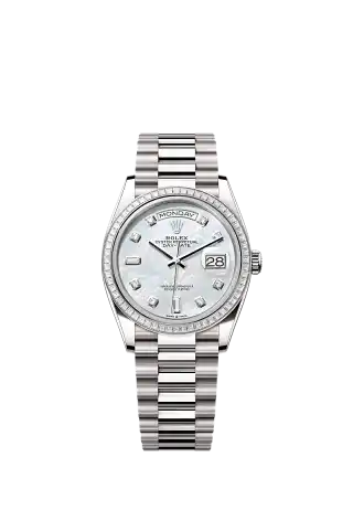 128399TBR／ホワイトマザーオブパール、8個のダイヤモンド、2個のバゲットカットダイヤモンド／プレジデント